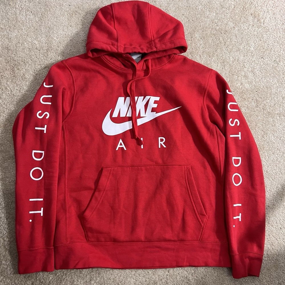 Y2K Nike Air Hoodie Mens Small Red Just Do It Sleeve Graphic Pullover Sweatshirt